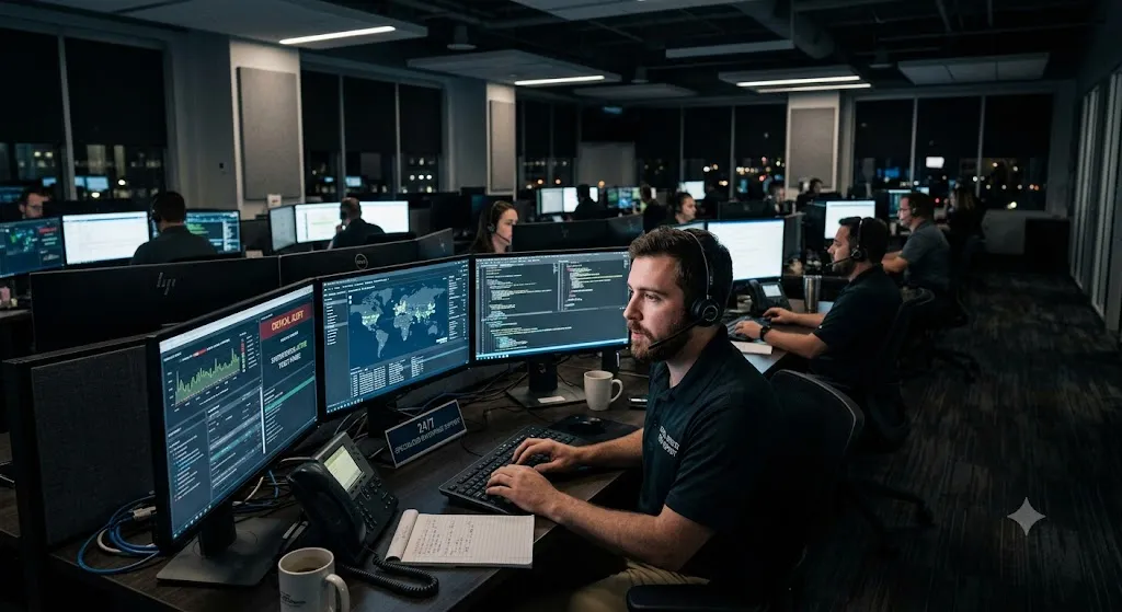 Equipo técnico operando y supervisando servicios tecnológicos